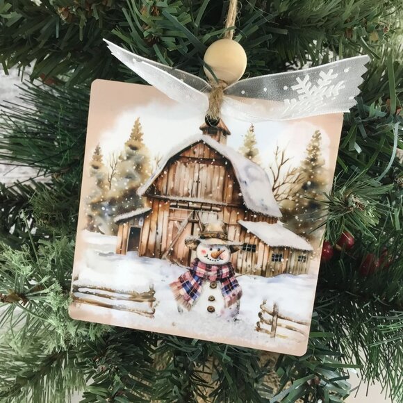 Rustic Country Snowman 3.5" Wooden Christmas Ornament - Picture 1 of 6